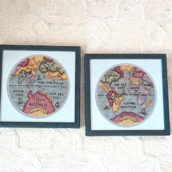 Vintage Framed Handmade Needlework Old World Map Embroidery Art Set of 2 - Picture 1 of 12